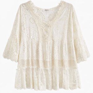 Mihos Boho Cream Lace Tiered Top–Romantic Eyelet Blouse with Lace Hem & Sleeves